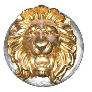 Gold Terra Cotta Lion Head Wall Plaque 13 Inch Round 3D Relief Sculpture Art